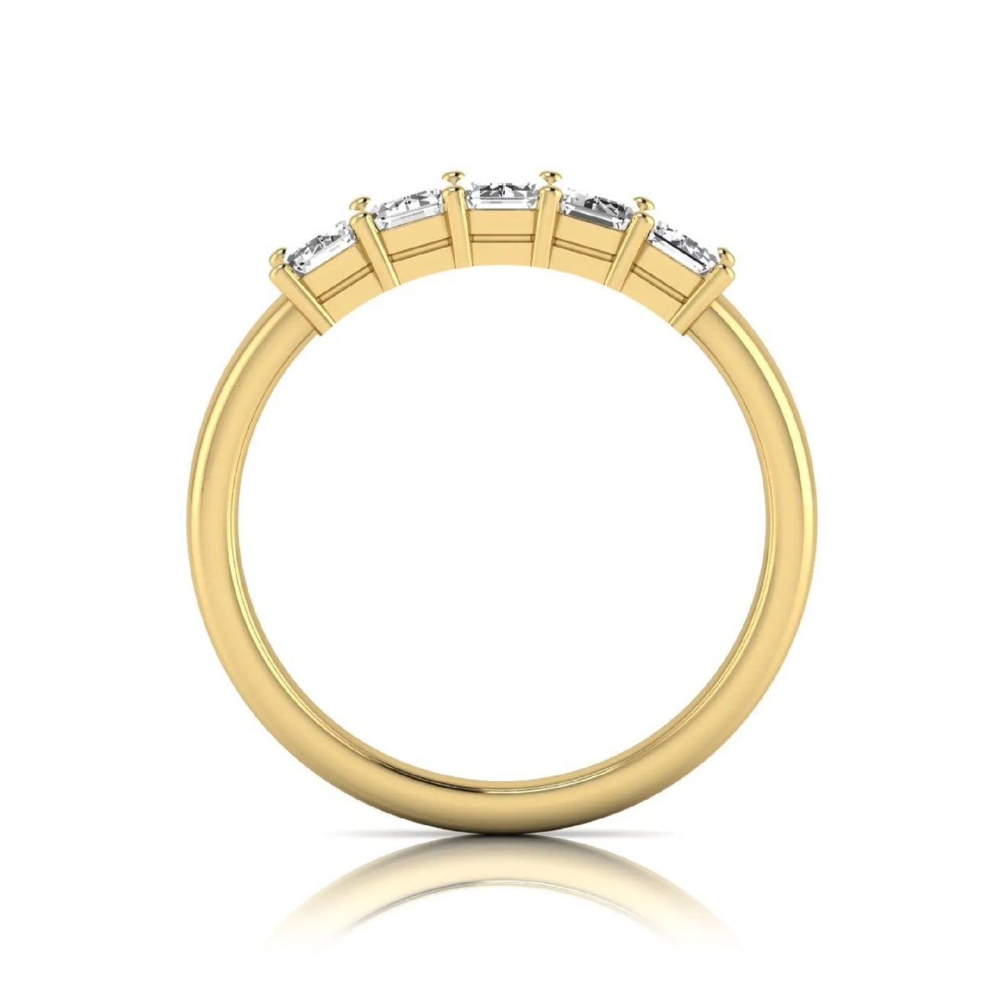 Emerald cut five stone lab grown diamond anniversary ring featuring five emerald cut diamonds in a shared prong setting with a yellow gold tone band.