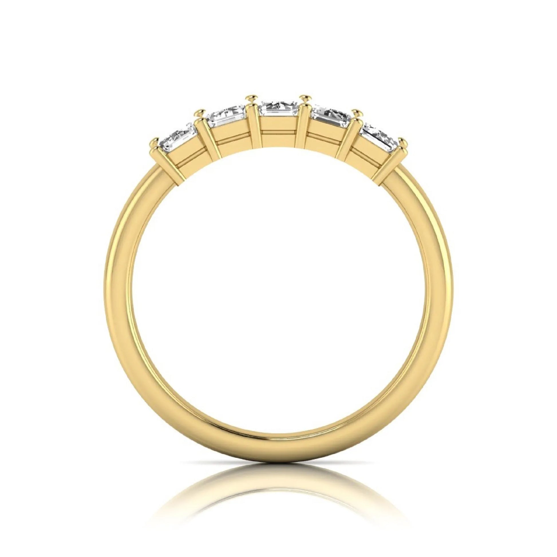Emerald cut five stone lab grown diamond anniversary ring featuring five emerald cut diamonds in a shared prong setting with a yellow gold tone band.