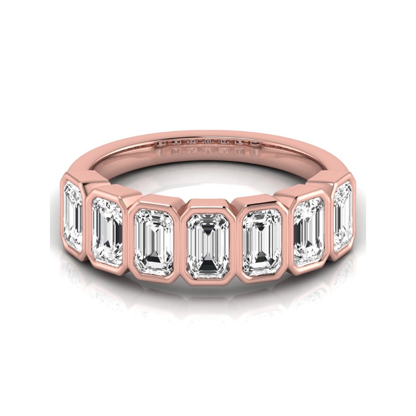 Emerald cut lab grown diamond bezel seven stone band featuring 2.03 carats of bezel set emerald diamonds in rose gold.