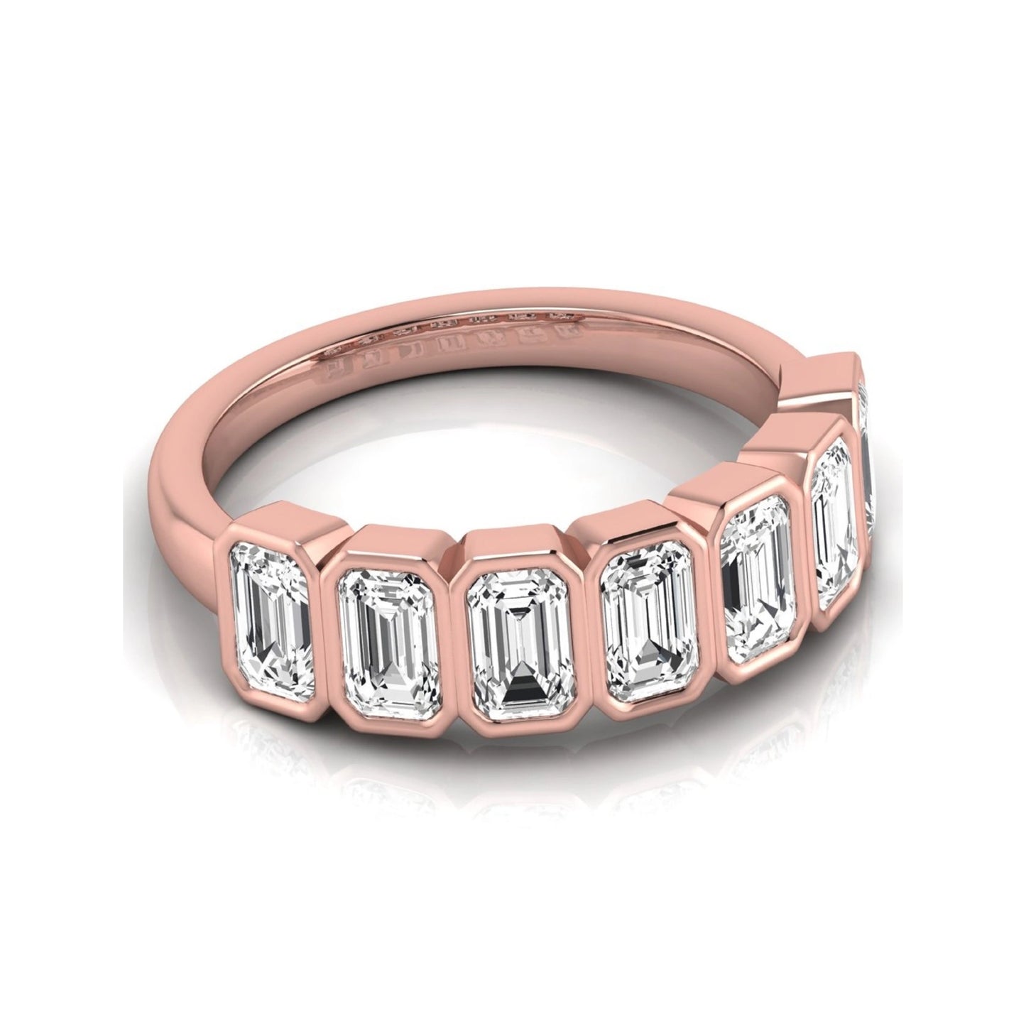 Emerald cut lab grown diamond bezel seven stone band featuring 2.03 carats of bezel set emerald diamonds in rose gold.