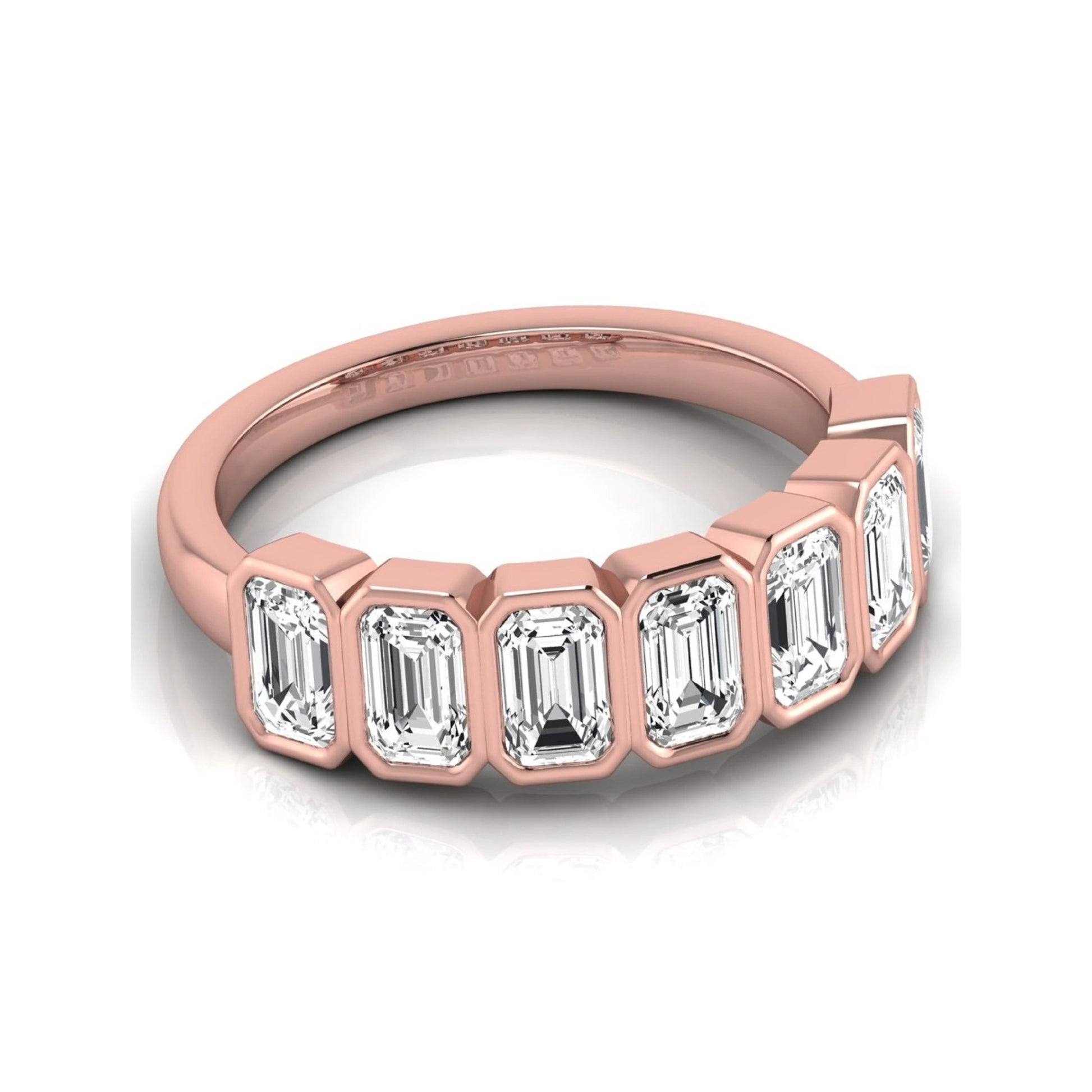 Emerald cut lab grown diamond bezel seven stone band featuring 2.03 carats of bezel set emerald diamonds in rose gold.