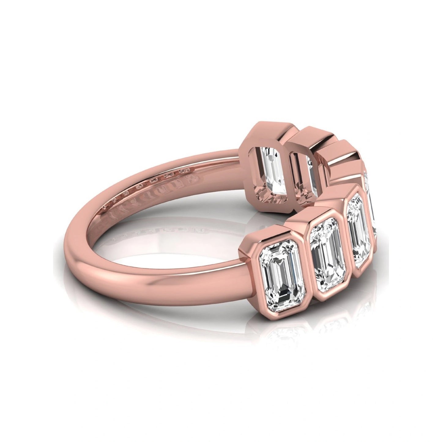 Emerald cut lab grown diamond bezel seven stone band featuring 2.03 carats of bezel set emerald diamonds in rose gold.