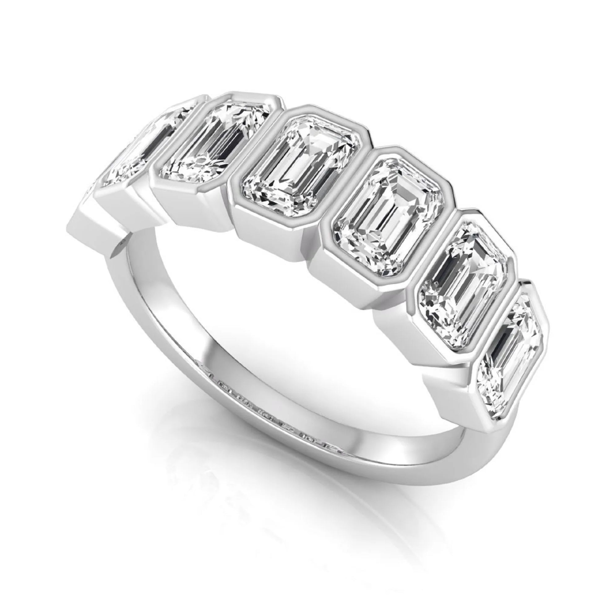 Emerald cut lab grown diamond bezel seven stone band featuring 2.03 carats of bezel set emerald diamonds in white gold.