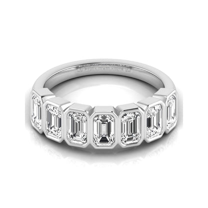 Emerald cut lab grown diamond bezel seven stone band featuring 2.03 carats of bezel set emerald diamonds in white gold.