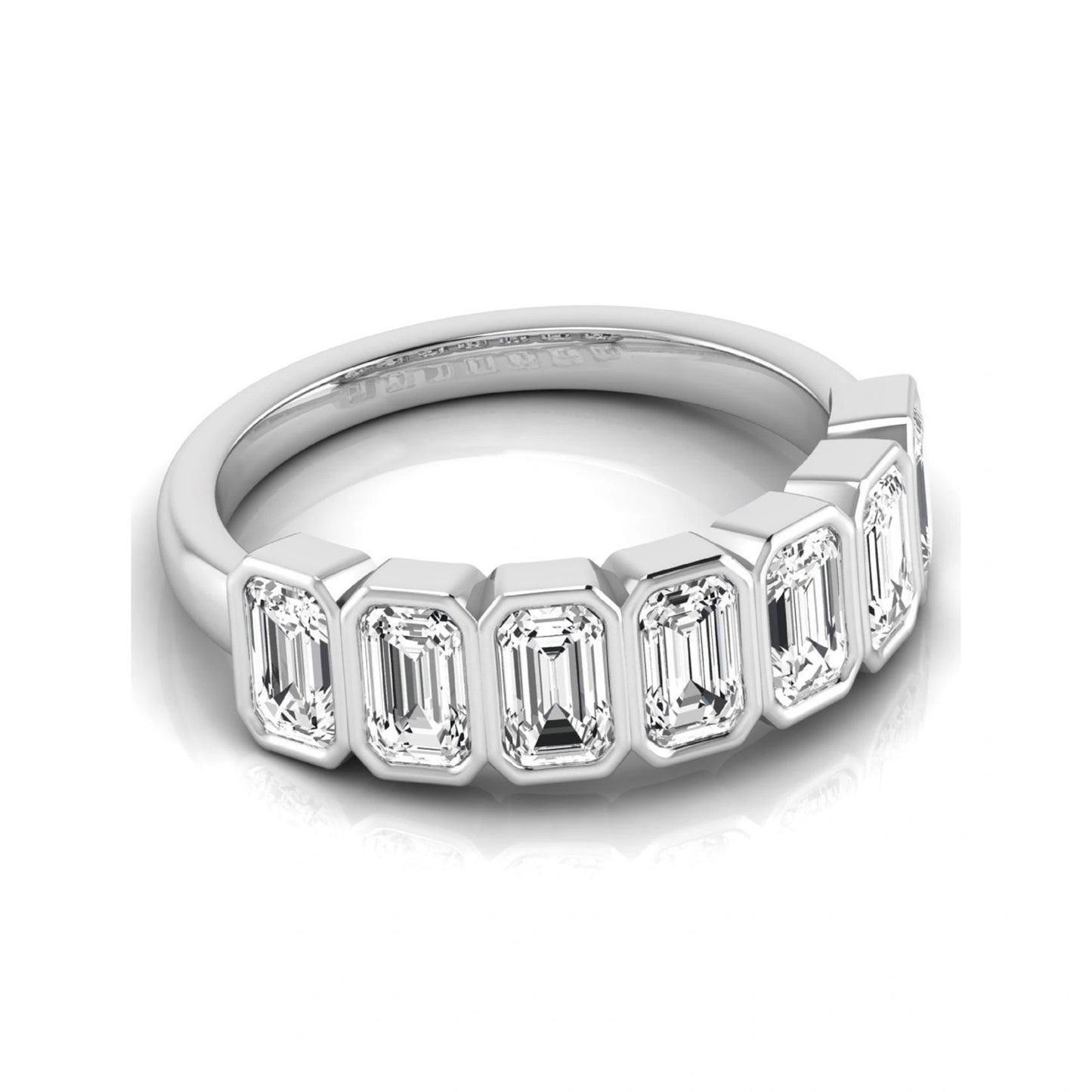 Emerald cut lab grown diamond bezel seven stone band featuring 2.03 carats of bezel set emerald diamonds in white gold.