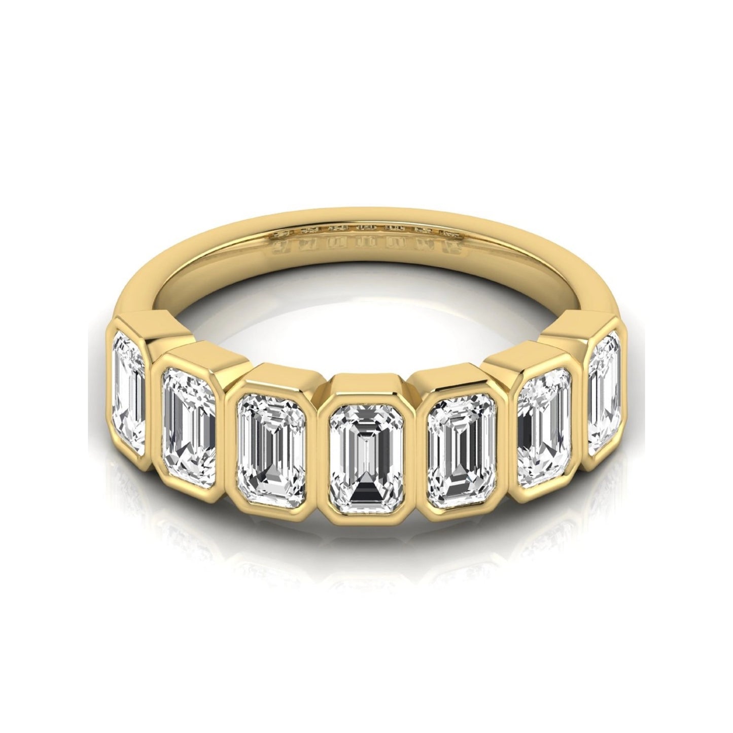 Emerald cut lab grown diamond bezel seven stone band featuring 2.03 carats of bezel set emerald diamonds in yellow gold.