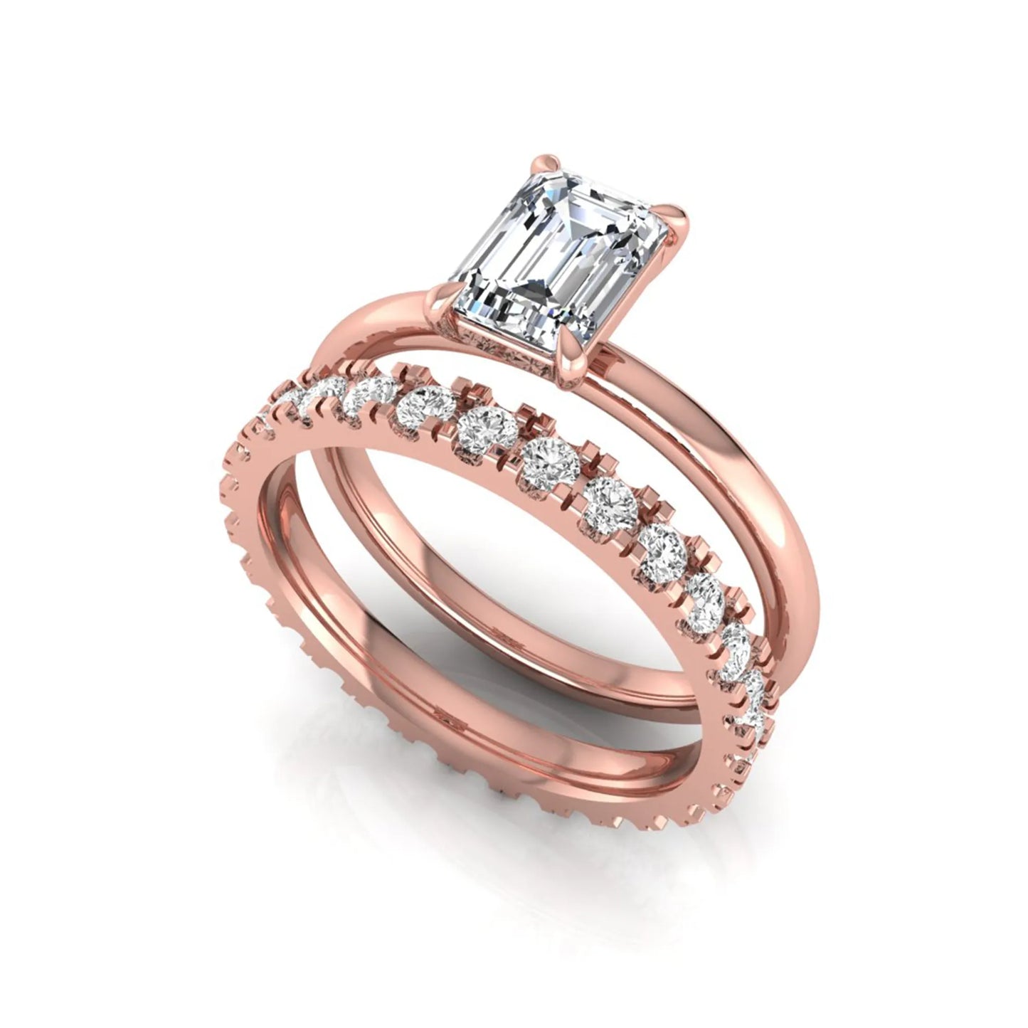 Emerald cut lab grown diamond bridal ring set featuring a 1.06 carat IGI certified center diamond with a matching round diamond wedding band in rose gold.