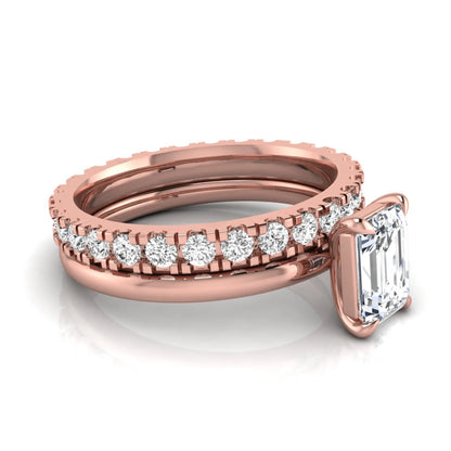 Emerald cut lab grown diamond bridal ring set featuring a 1.06 carat IGI certified center diamond with a matching round diamond wedding band in rose gold.