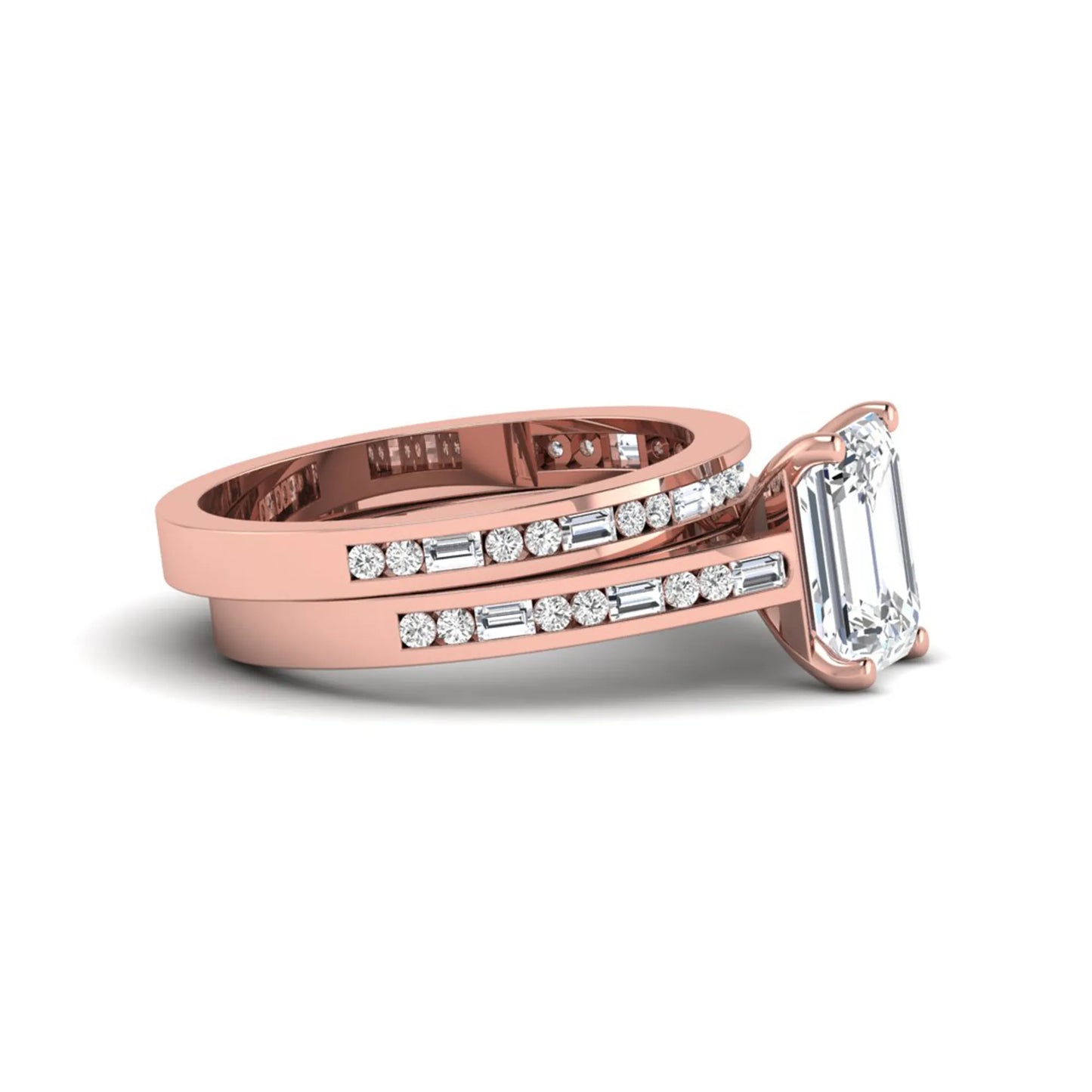 Emerald Cut Four Prong Lab Grown Diamond Bridal Ring Set