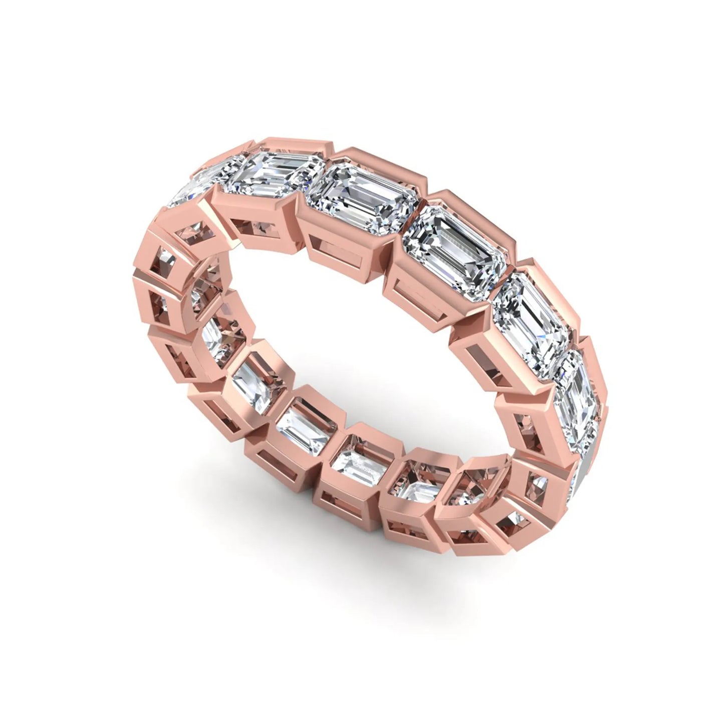 Emerald cut lab grown diamond eternity ring featuring a continuous row of step-cut diamonds in a modern full bezel setting in rose gold