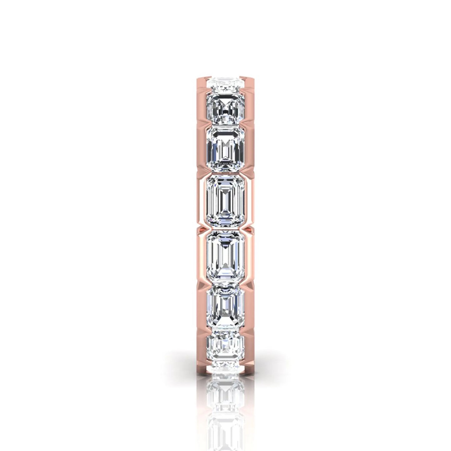 Emerald cut lab grown diamond eternity ring featuring a continuous row of step-cut diamonds in a modern full bezel setting in rose gold