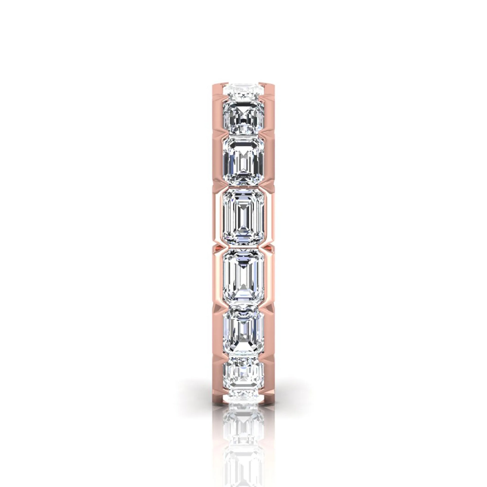 Emerald cut lab grown diamond eternity ring featuring a continuous row of step-cut diamonds in a modern full bezel setting in rose gold