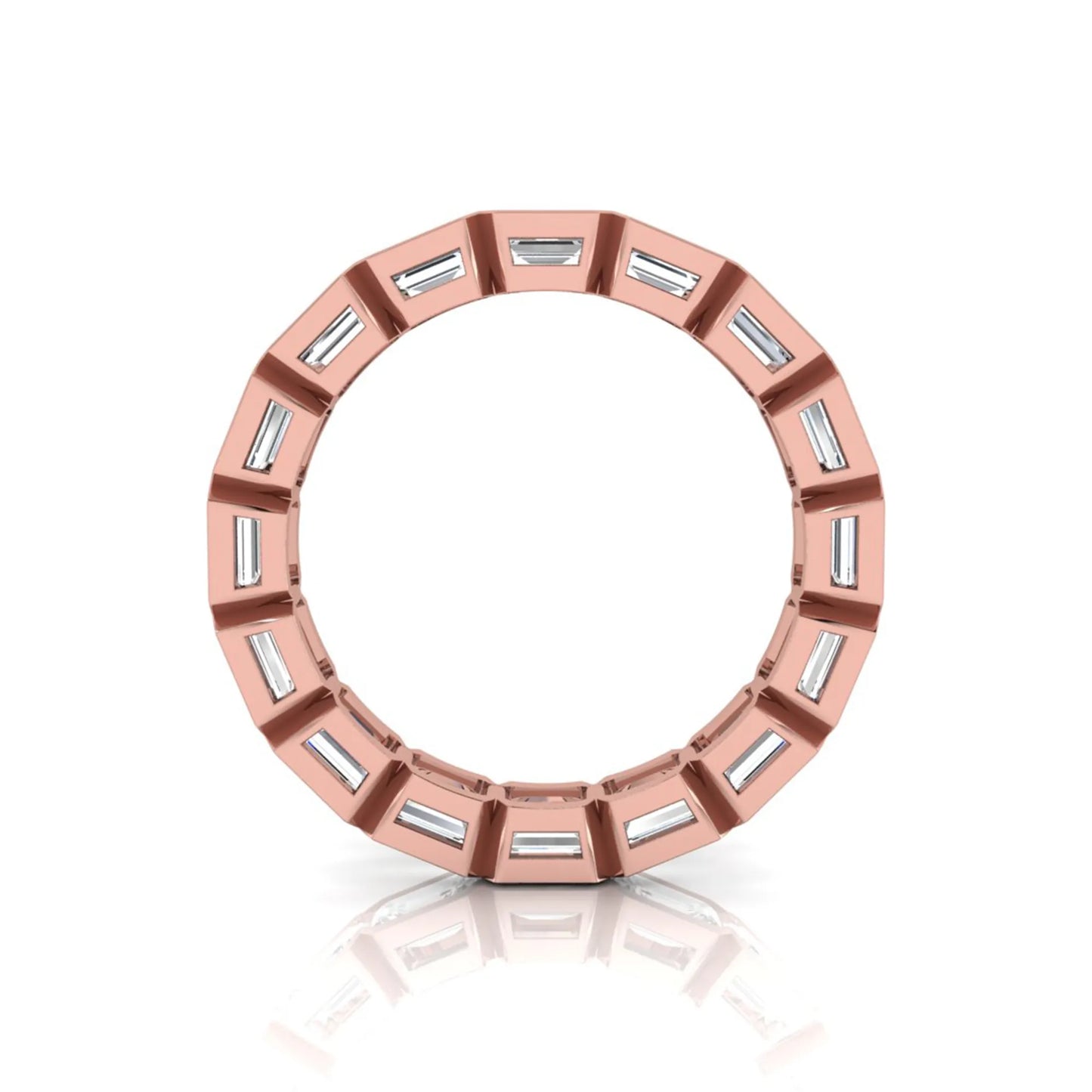 Emerald cut lab grown diamond eternity ring featuring a continuous row of step-cut diamonds in a modern full bezel setting in rose gold