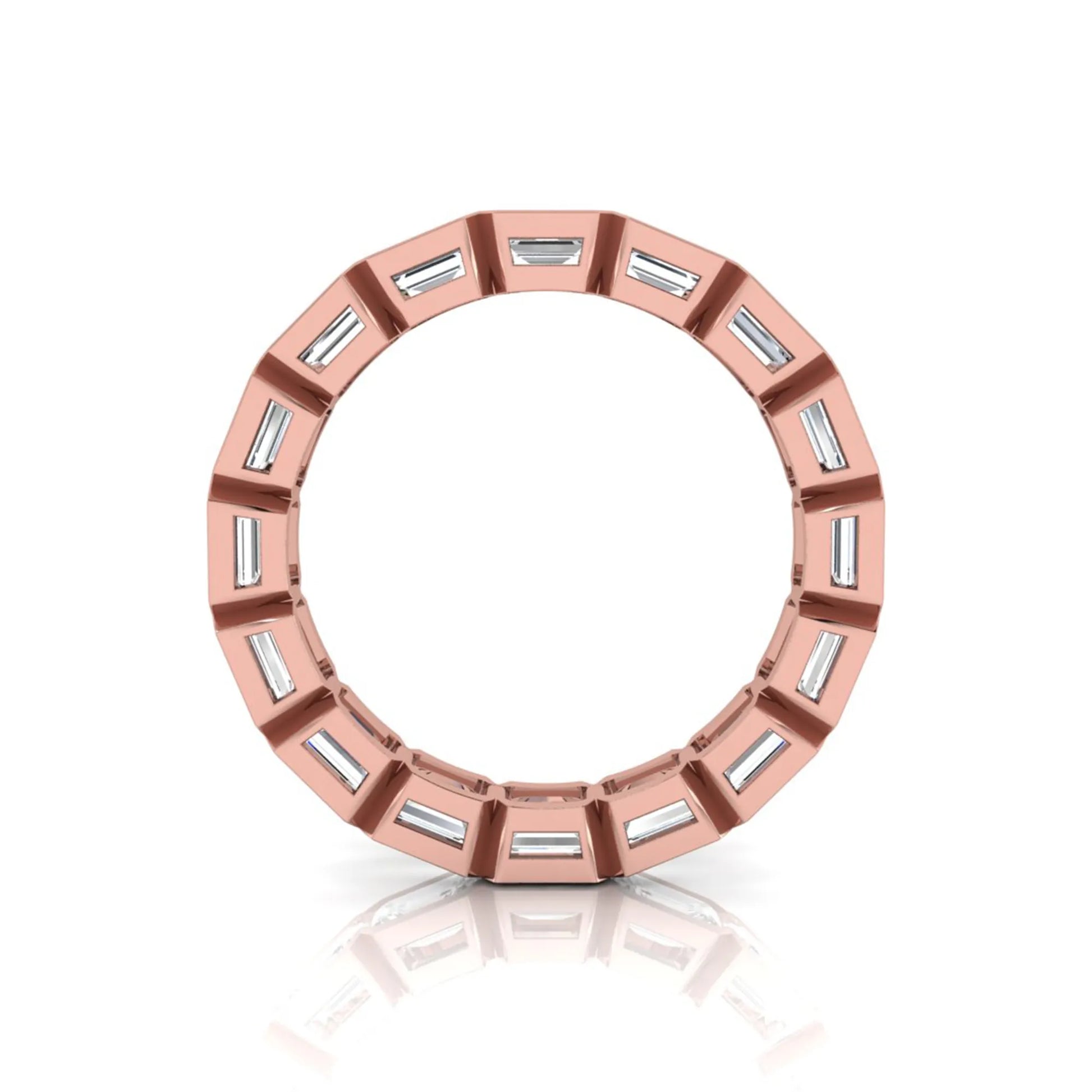 Emerald cut lab grown diamond eternity ring featuring a continuous row of step-cut diamonds in a modern full bezel setting in rose gold