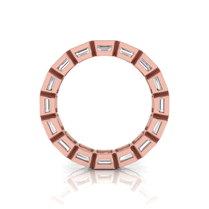 Emerald cut lab grown diamond eternity ring featuring a continuous row of step-cut diamonds in a modern full bezel setting in rose gold