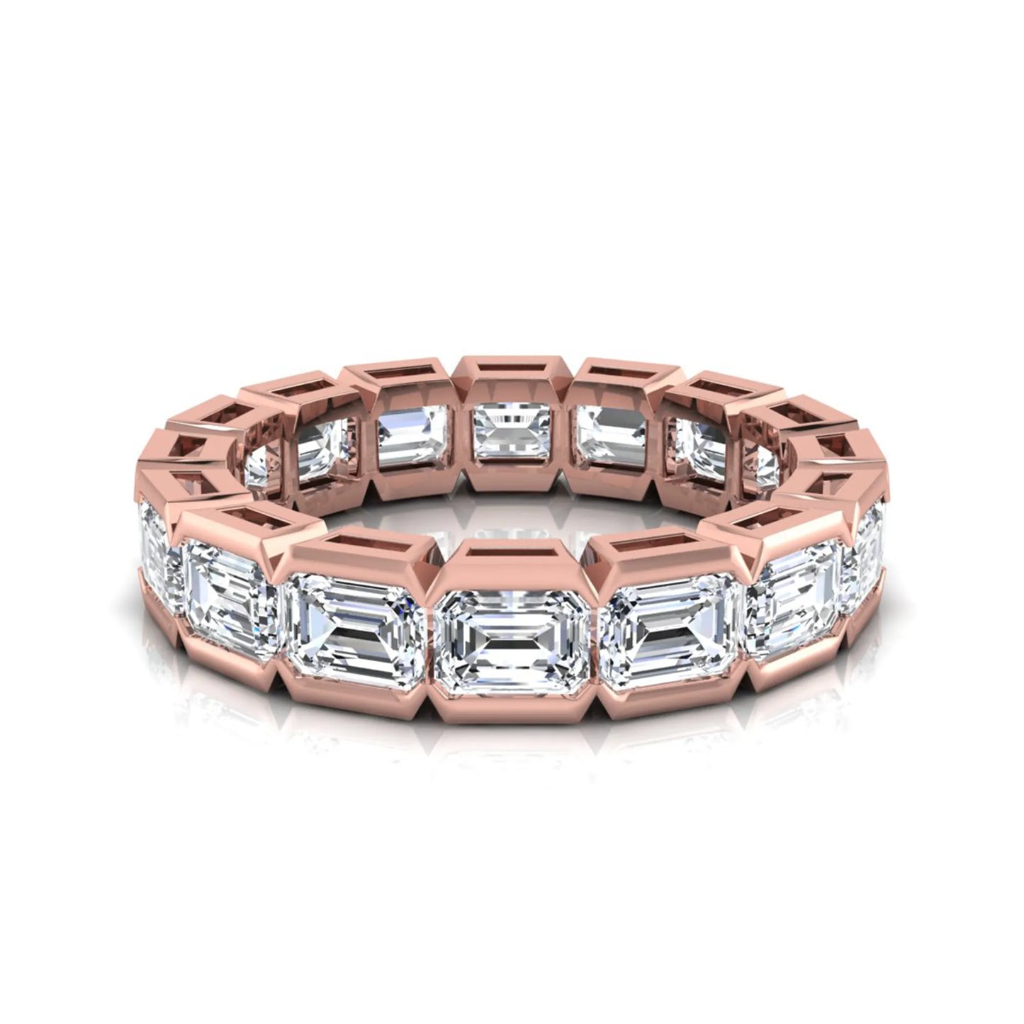 Emerald cut lab grown diamond eternity ring featuring a continuous row of step-cut diamonds in a modern full bezel setting in rose gold