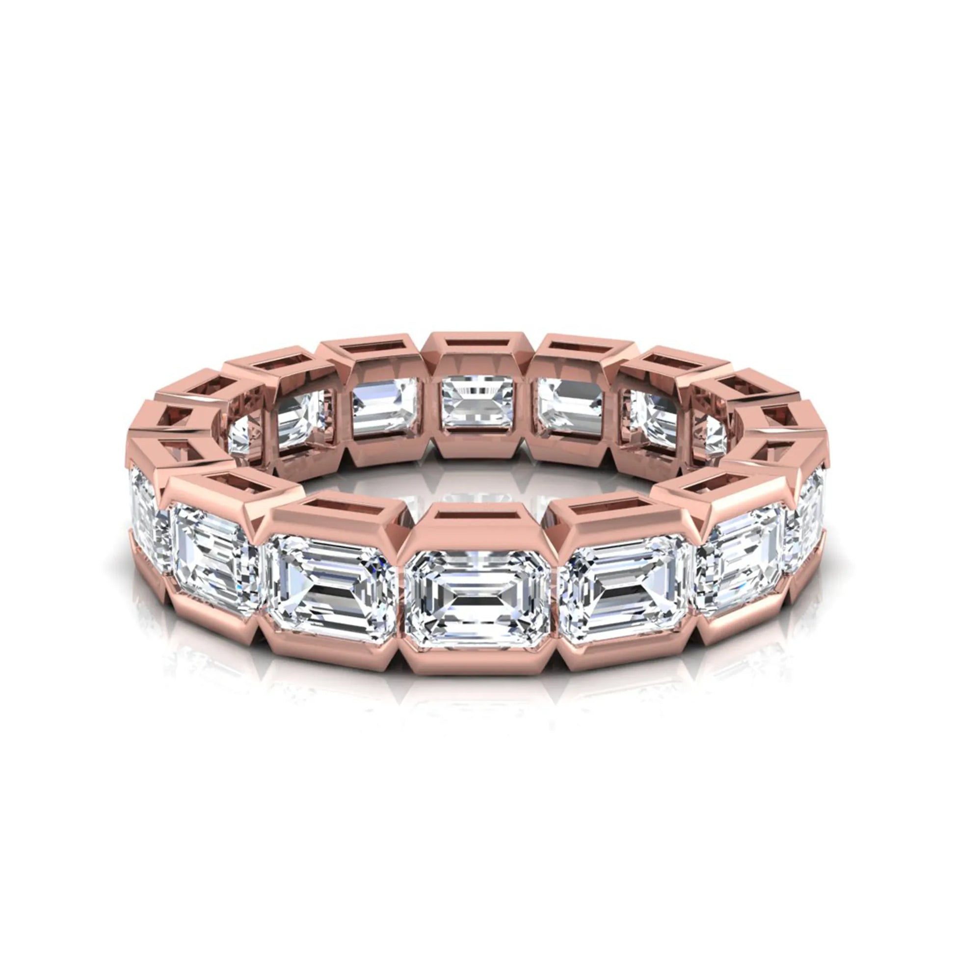 Emerald cut lab grown diamond eternity ring featuring a continuous row of step-cut diamonds in a modern full bezel setting in rose gold