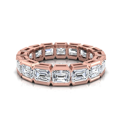 Emerald cut lab grown diamond eternity ring featuring a continuous row of step-cut diamonds in a modern full bezel setting in rose gold