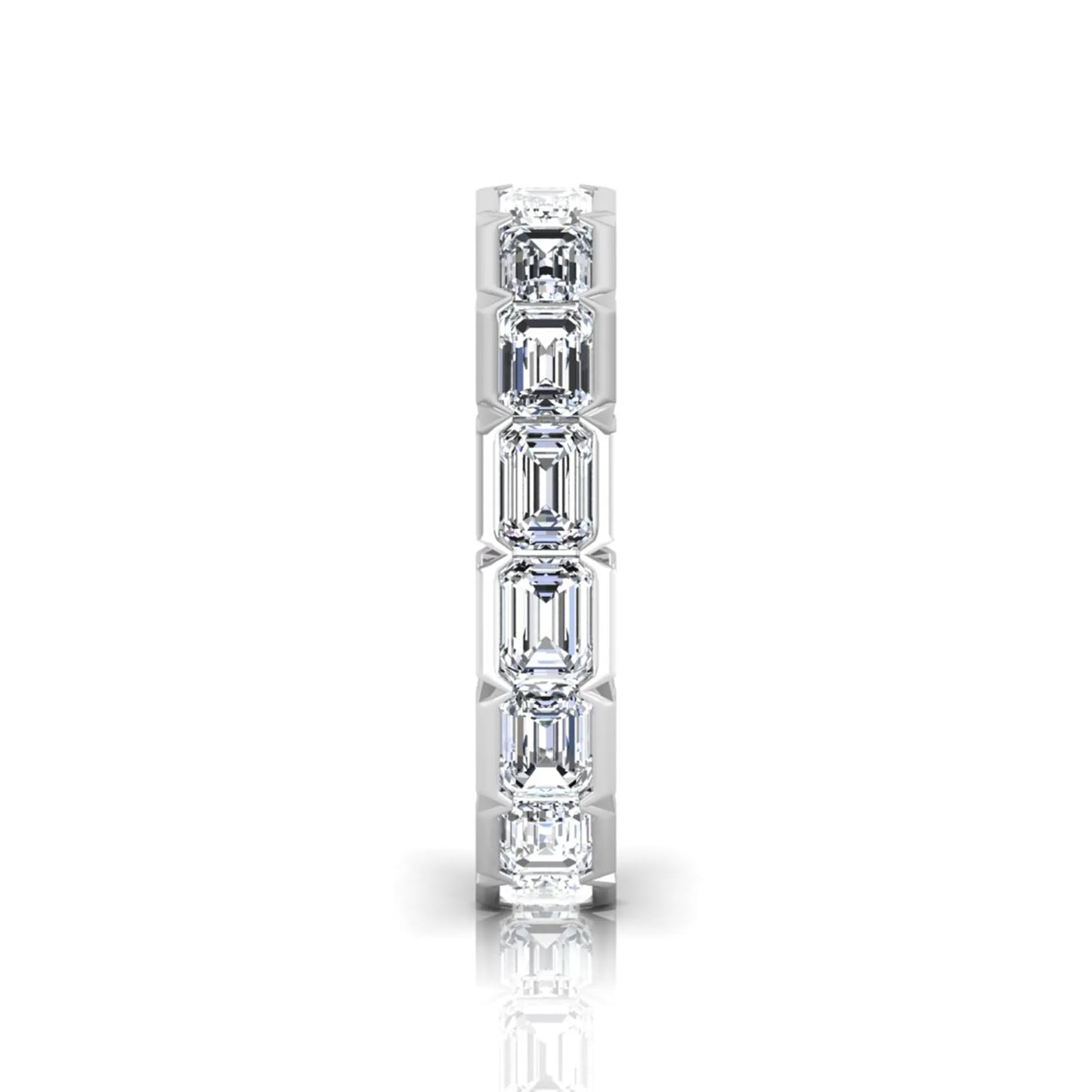 Emerald cut lab grown diamond eternity ring featuring a continuous row of step-cut diamonds in a modern full bezel setting in white gold
