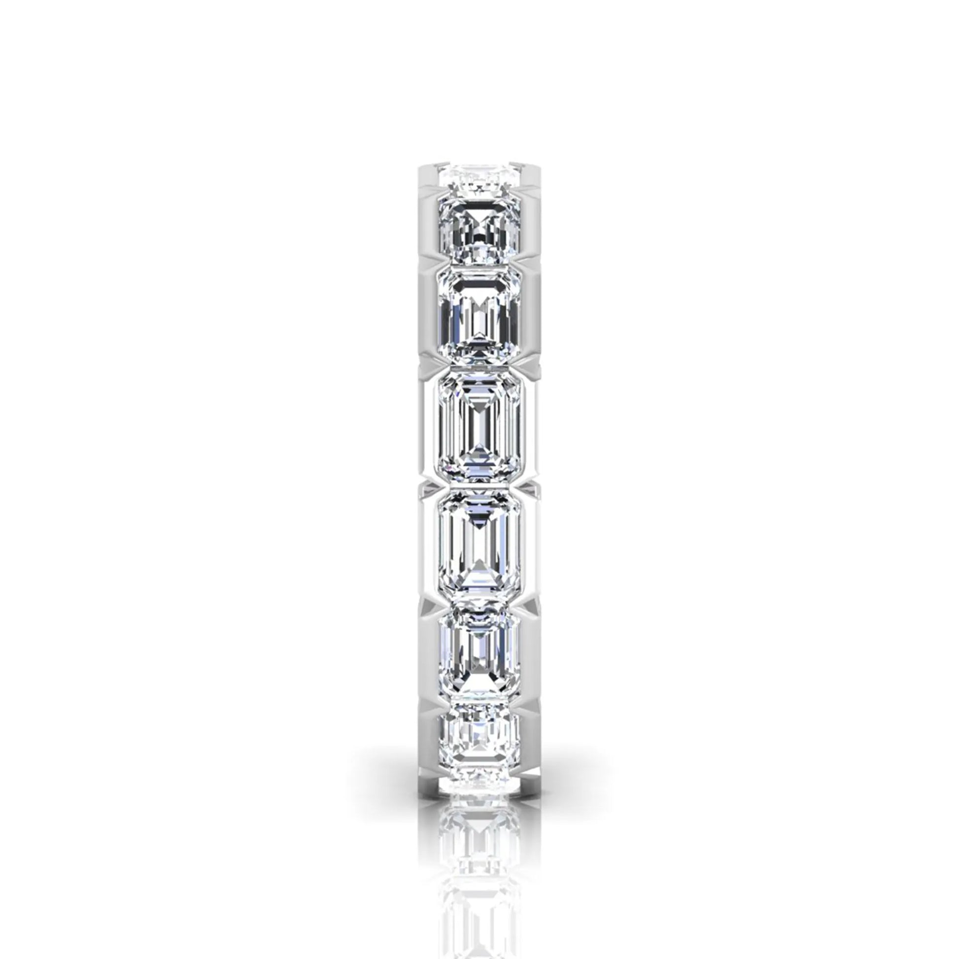 Emerald cut lab grown diamond eternity ring featuring a continuous row of step-cut diamonds in a modern full bezel setting in white gold