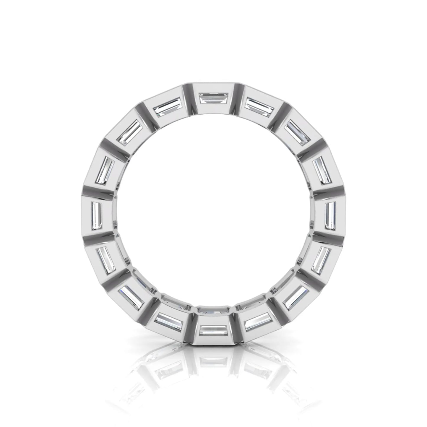 Emerald cut lab grown diamond eternity ring featuring a continuous row of step-cut diamonds in a modern full bezel setting in white gold