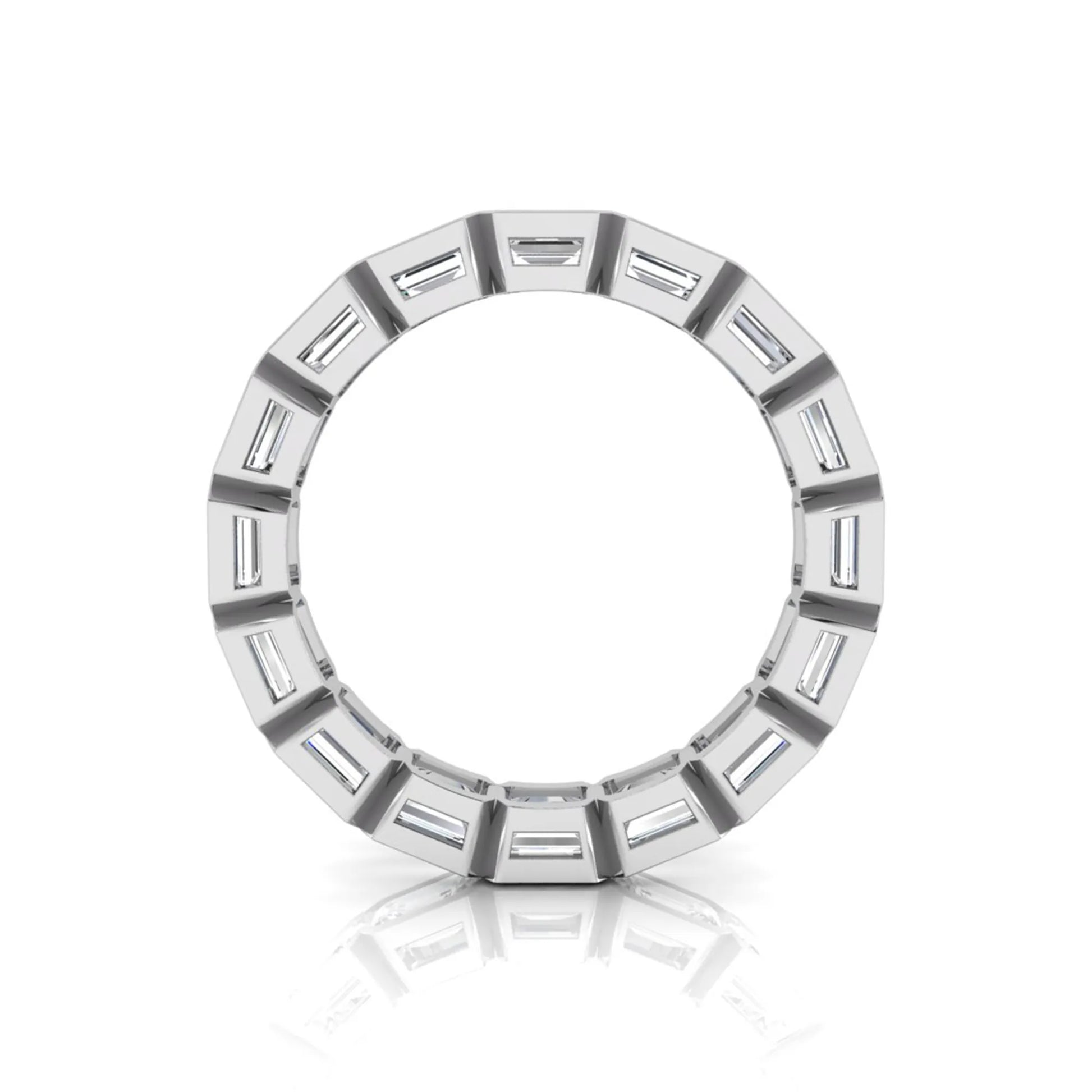 Emerald cut lab grown diamond eternity ring featuring a continuous row of step-cut diamonds in a modern full bezel setting in white gold