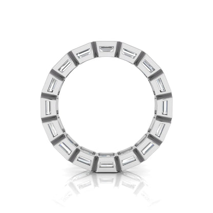 Emerald cut lab grown diamond eternity ring featuring a continuous row of step-cut diamonds in a modern full bezel setting in white gold