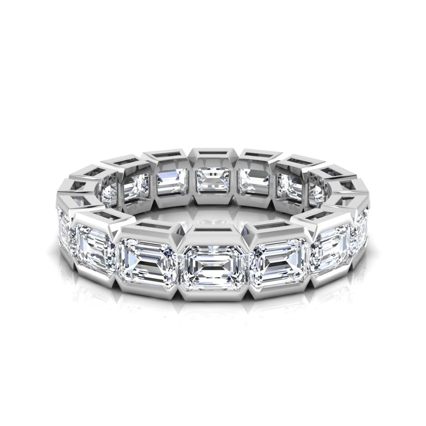 Emerald cut lab grown diamond eternity ring featuring a continuous row of step-cut diamonds in a modern full bezel setting in white gold