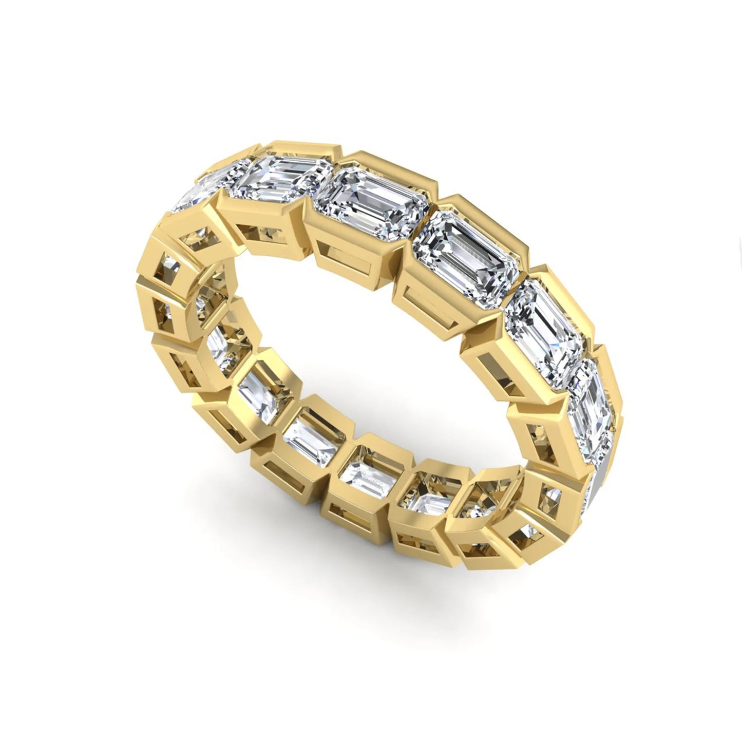 Emerald cut lab grown diamond eternity ring featuring a continuous row of step-cut diamonds in a modern full bezel setting in yellow gold