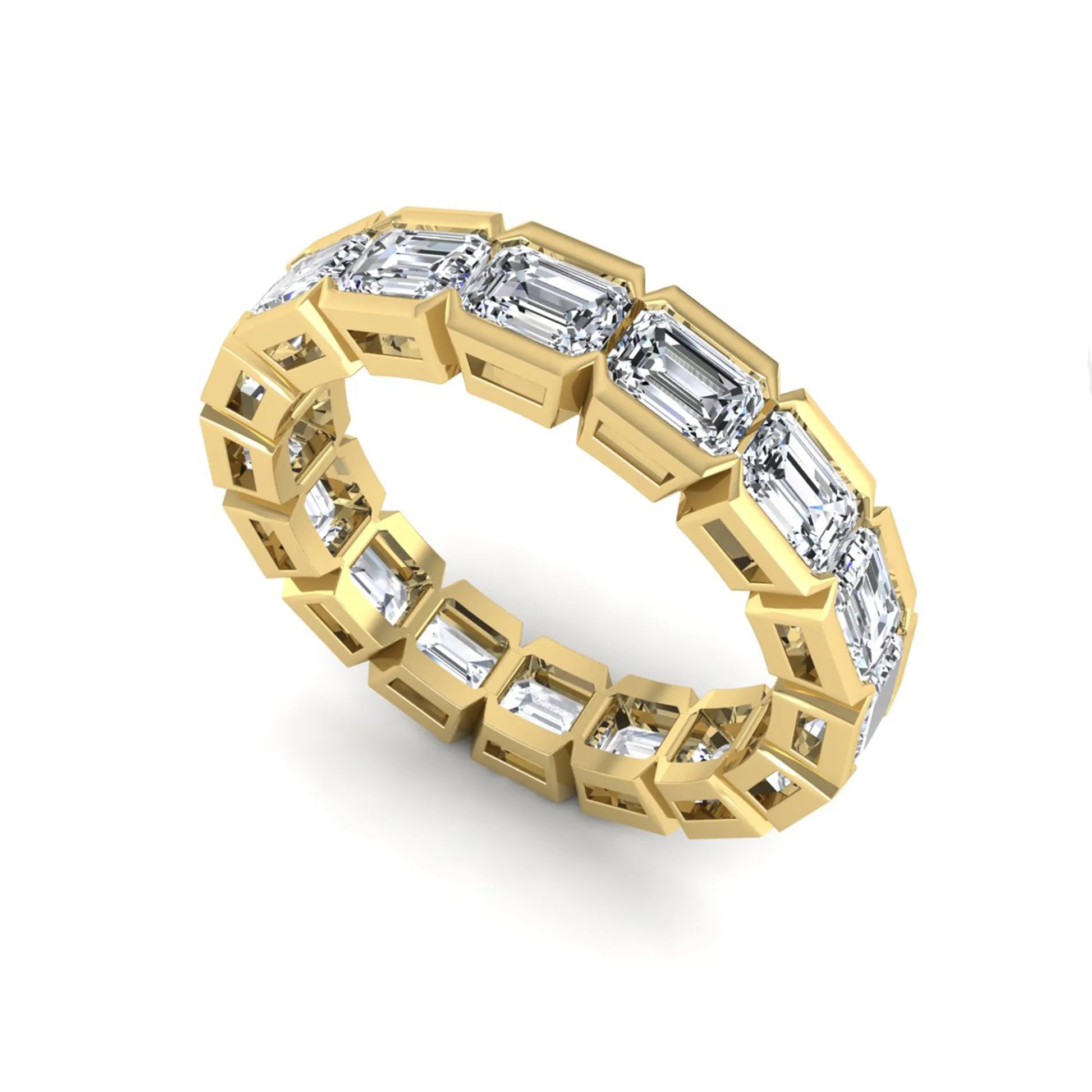 Emerald cut lab grown diamond eternity ring featuring a continuous row of step-cut diamonds in a modern full bezel setting in yellow gold