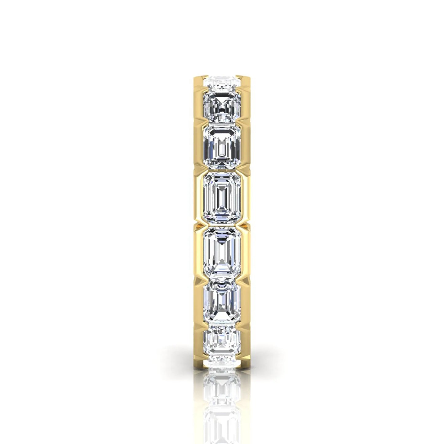 Emerald cut lab grown diamond eternity ring featuring a continuous row of step-cut diamonds in a modern full bezel setting in yellow gold