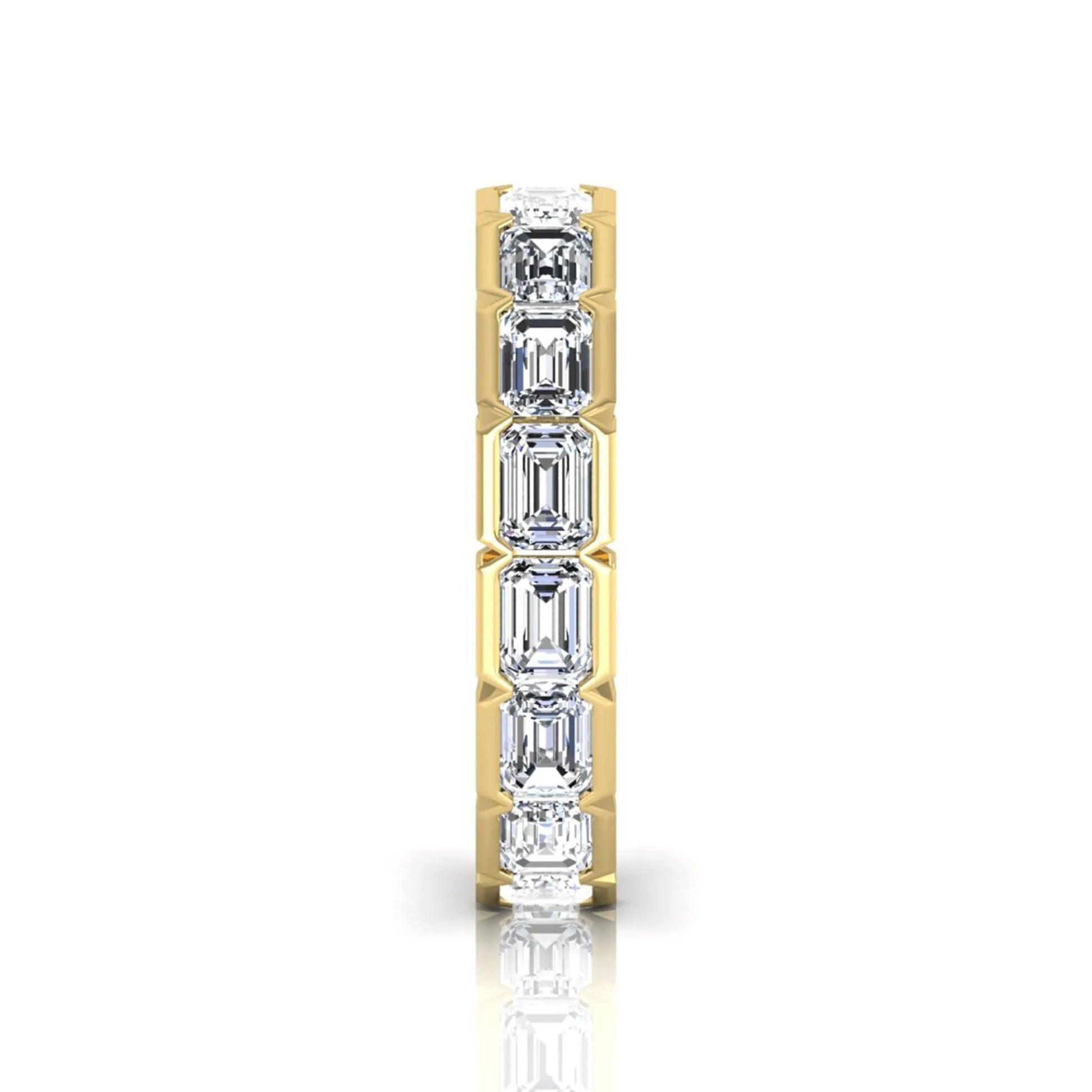 Emerald cut lab grown diamond eternity ring featuring a continuous row of step-cut diamonds in a modern full bezel setting in yellow gold