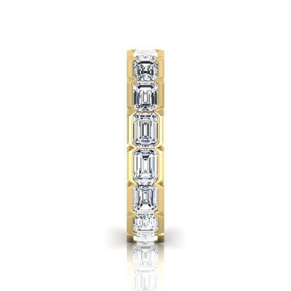 Emerald cut lab grown diamond eternity ring featuring a continuous row of step-cut diamonds in a modern full bezel setting in yellow gold
