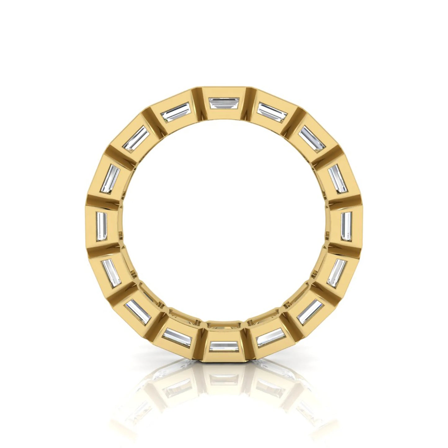 Emerald cut lab grown diamond eternity ring featuring a continuous row of step-cut diamonds in a modern full bezel setting in yellow gold
