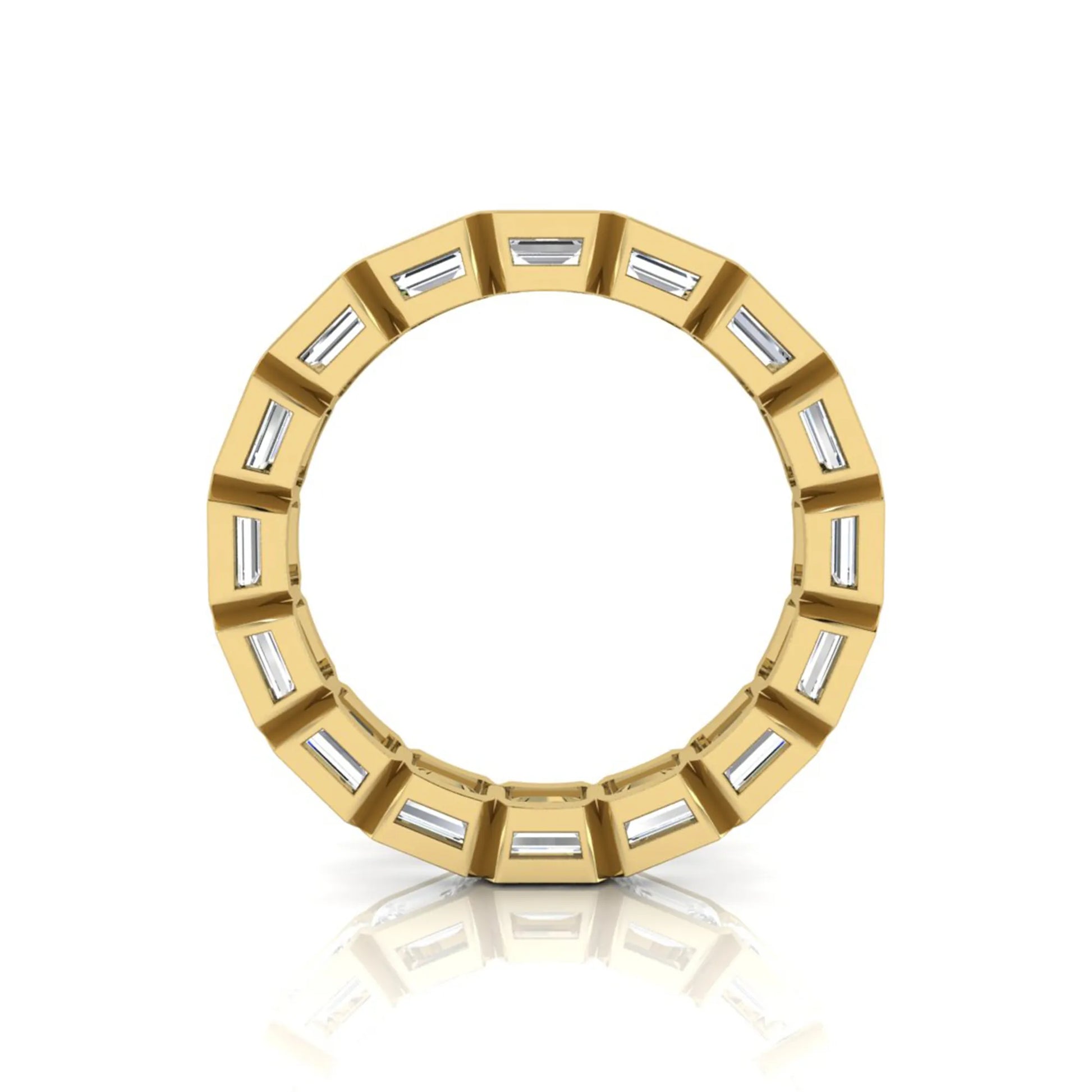 Emerald cut lab grown diamond eternity ring featuring a continuous row of step-cut diamonds in a modern full bezel setting in yellow gold