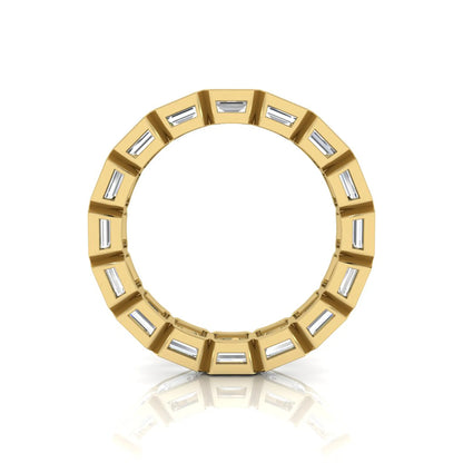Emerald cut lab grown diamond eternity ring featuring a continuous row of step-cut diamonds in a modern full bezel setting in yellow gold