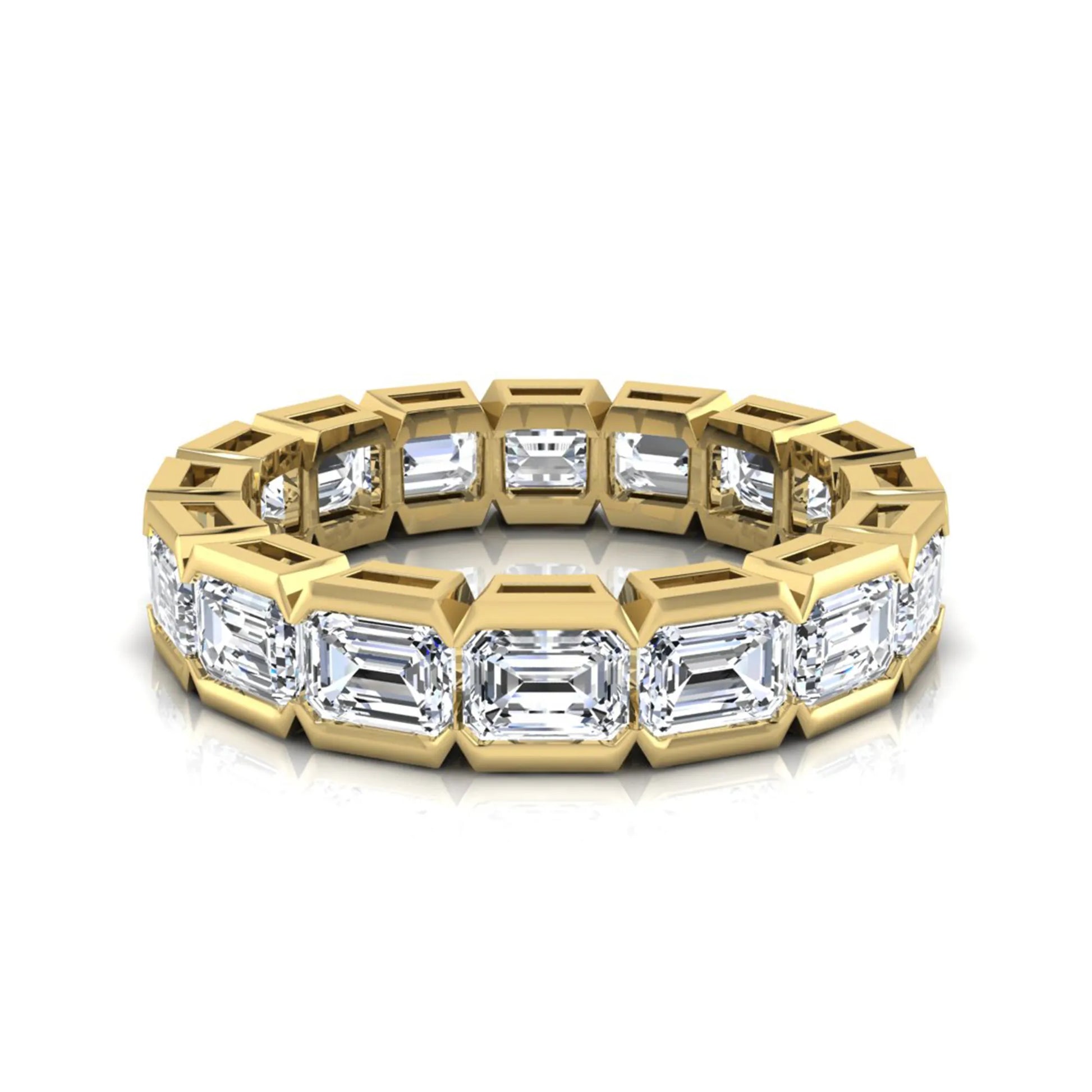 Emerald cut lab grown diamond eternity ring featuring a continuous row of step-cut diamonds in a modern full bezel setting in yellow gold
