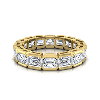 Emerald cut lab grown diamond eternity ring featuring a continuous row of step-cut diamonds in a modern full bezel setting in yellow gold