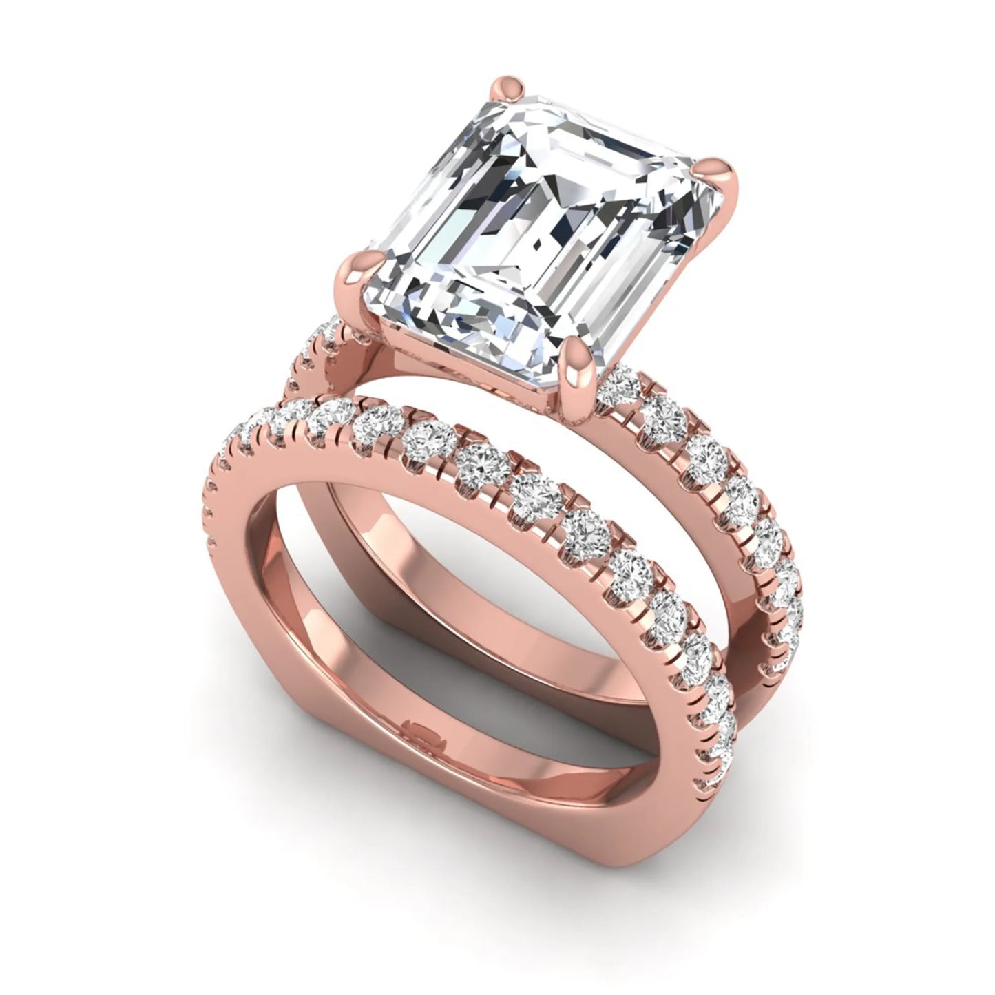 Emerald cut lab grown diamond Euro shank bridal ring set in rose gold featuring a 5.21 carat IGI certified center diamond with matching diamond wedding band.