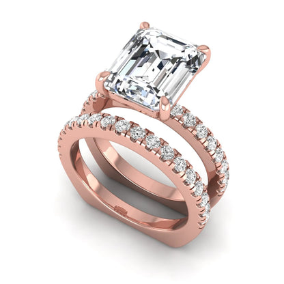 Emerald cut lab grown diamond Euro shank bridal ring set in rose gold featuring a 5.21 carat IGI certified center diamond with matching diamond wedding band.
