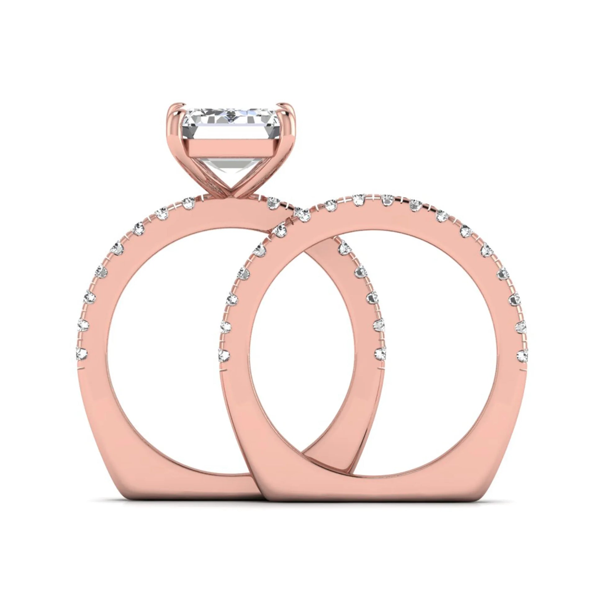 Emerald cut lab grown diamond Euro shank bridal ring set in rose gold featuring a 5.21 carat IGI certified center diamond with matching diamond wedding band.