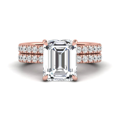 Emerald cut lab grown diamond Euro shank bridal ring set in rose gold featuring a 5.21 carat IGI certified center diamond with matching diamond wedding band.