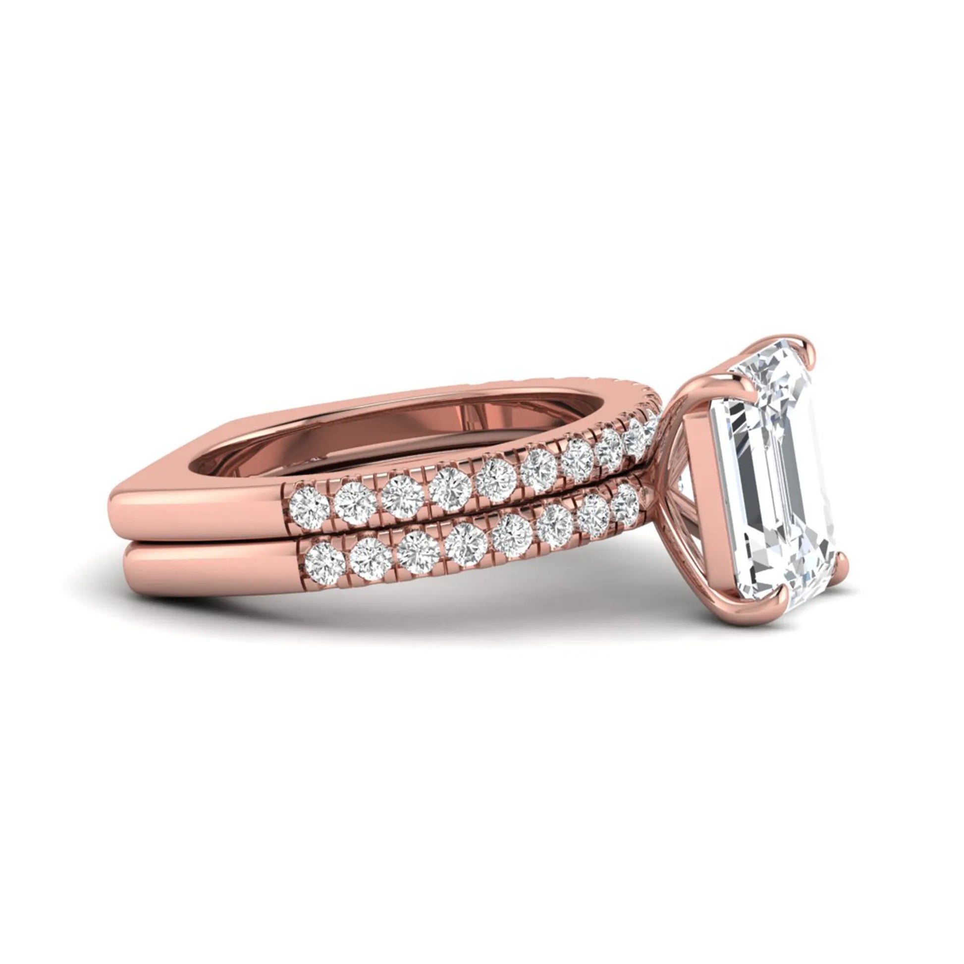 Emerald cut lab grown diamond Euro shank bridal ring set in rose gold featuring a 5.21 carat IGI certified center diamond with matching diamond wedding band.