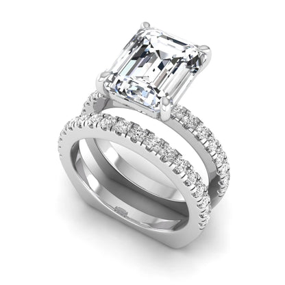 Emerald cut lab grown diamond Euro shank bridal ring set in white gold featuring a 5.21 carat IGI certified center diamond with matching diamond wedding band.