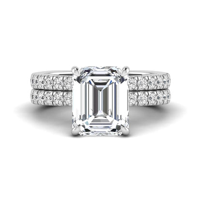 Emerald cut lab grown diamond Euro shank bridal ring set in white gold featuring a 5.21 carat IGI certified center diamond with matching diamond wedding band.
