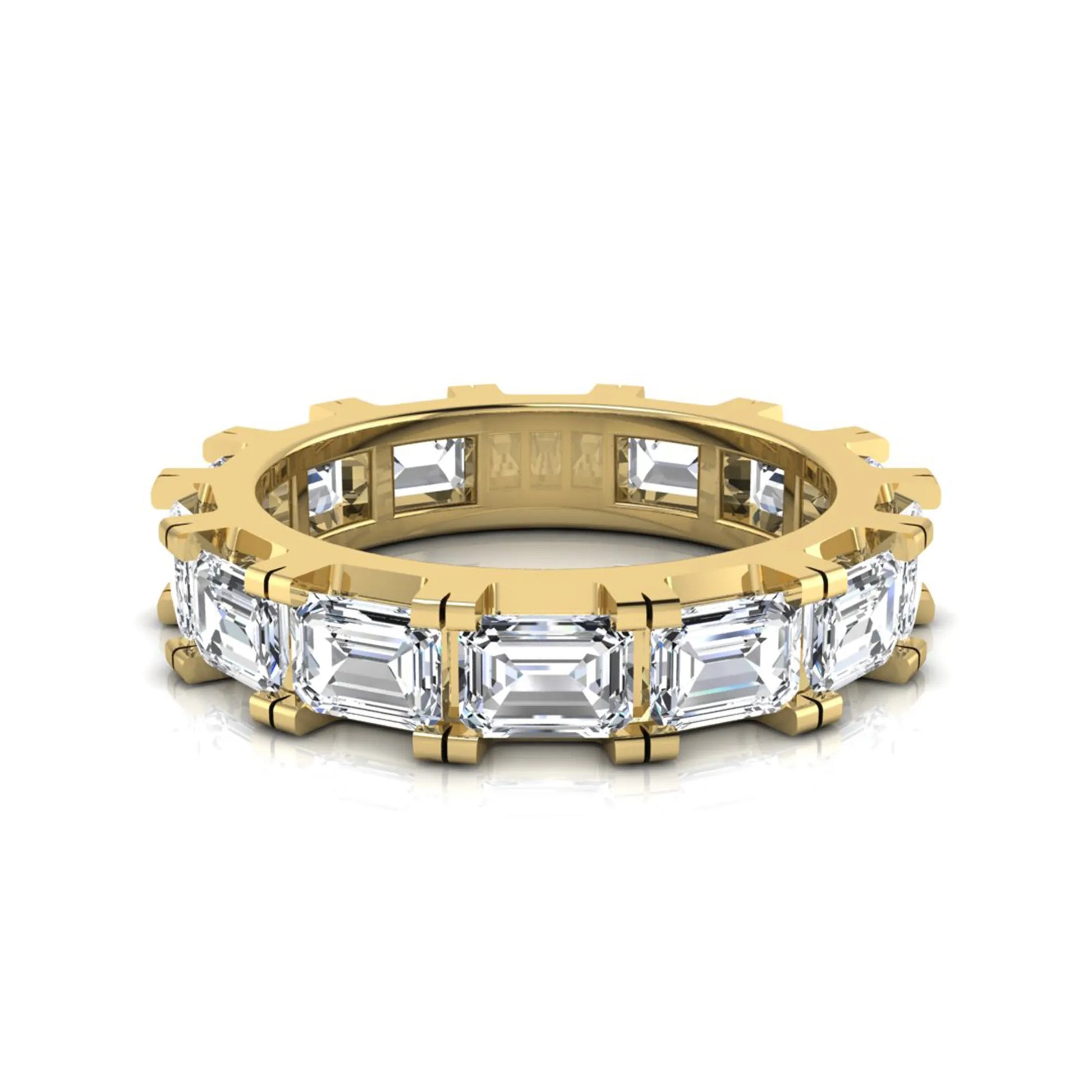 Emerald cut lab grown diamond full eternity band ring in yellow gold