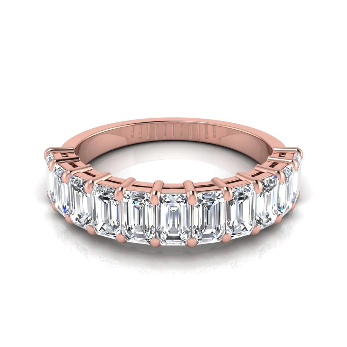 Emerald cut lab grown diamond half eternity band featuring shared prong set diamonds in a rose gold tone finish.