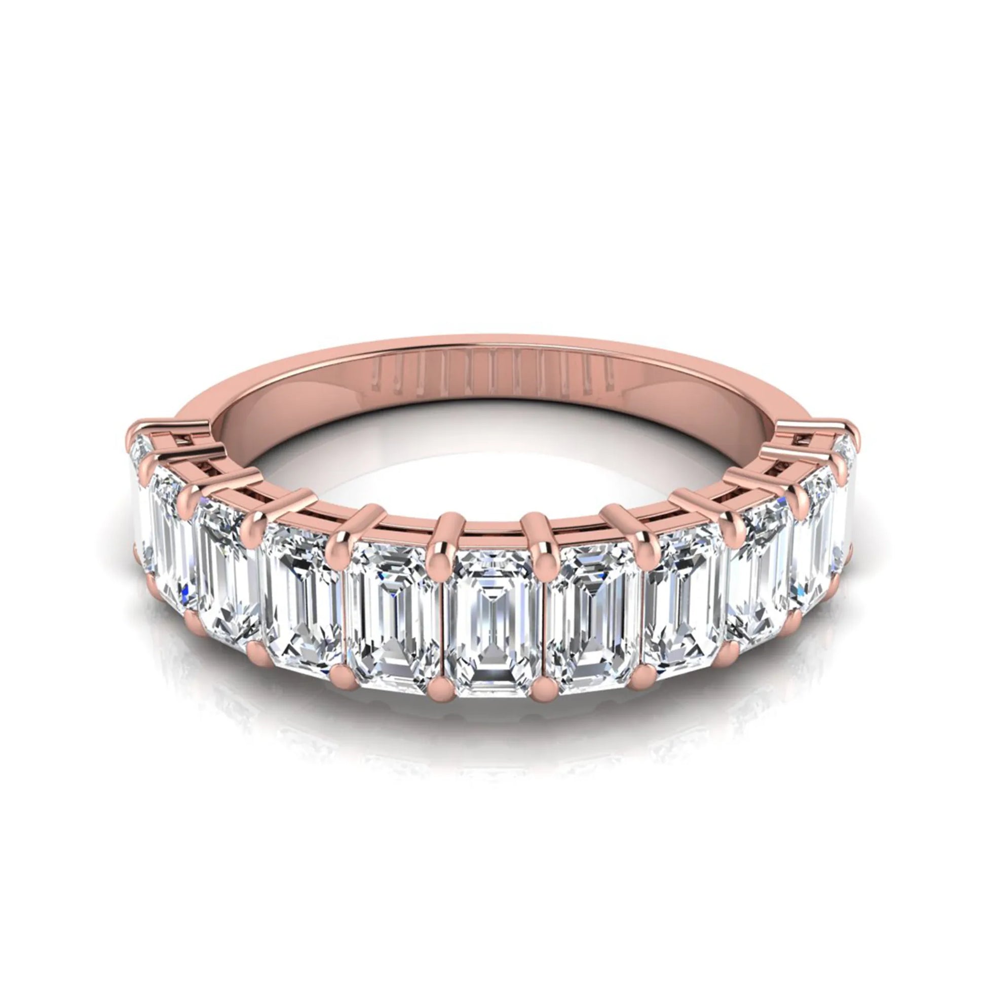 Emerald cut lab grown diamond half eternity band featuring shared prong set diamonds in a rose gold tone finish.