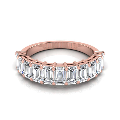 Emerald cut lab grown diamond half eternity band featuring shared prong set diamonds in a rose gold tone finish.
