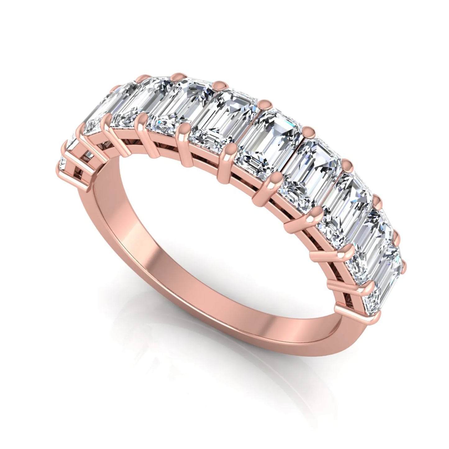 Emerald cut lab grown diamond half eternity band featuring shared prong set diamonds in a rose gold tone finish.